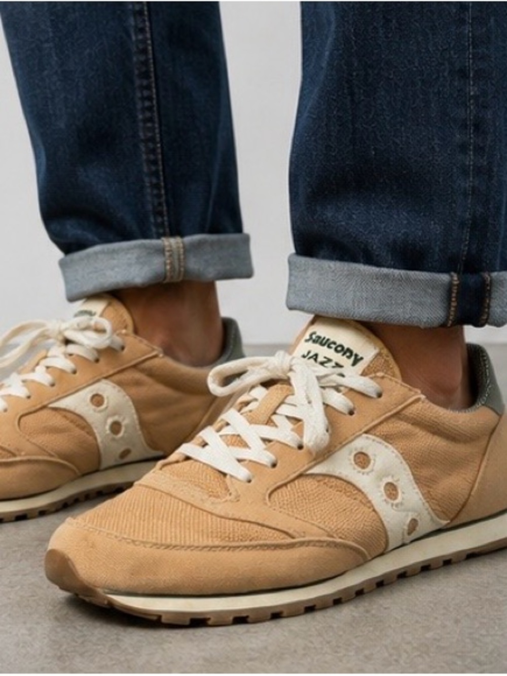 Saucony Tan and White Jazz Sneakers